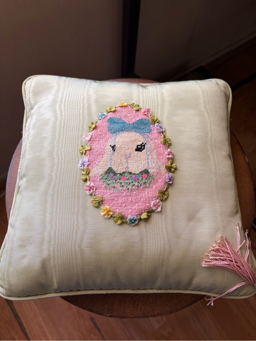Embroidered Bunny Accent Pillow in Pale Green and Pink